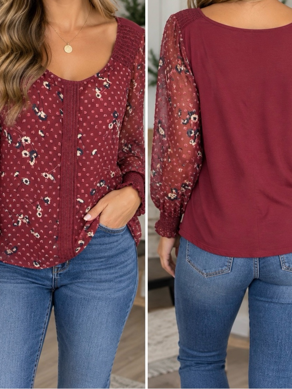 Women’s Floral Lace-Trim Long Sleeve Top - Burgundy